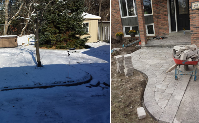 On the (left) snow has arrived. On the (right) the new front walkway!