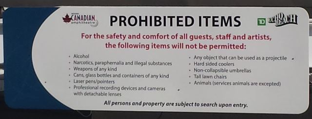 Allowed and prohibited items at Molson Canadian Amphitheatre