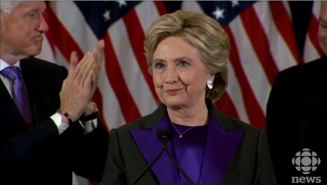Clinton gracious in defeat. Reminds Trump his job is to defend ALL Americans.